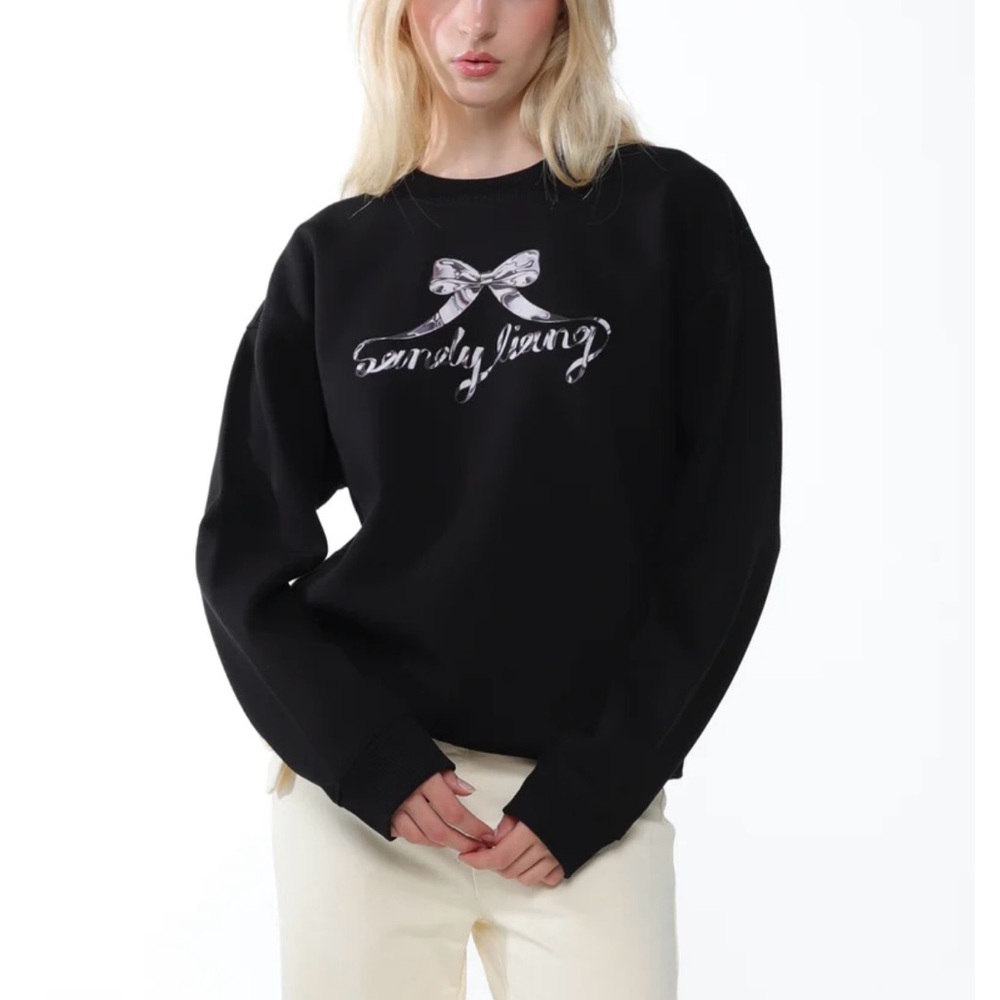 Sandy Liang Black Boxy Sweatshirt with White Embroidery